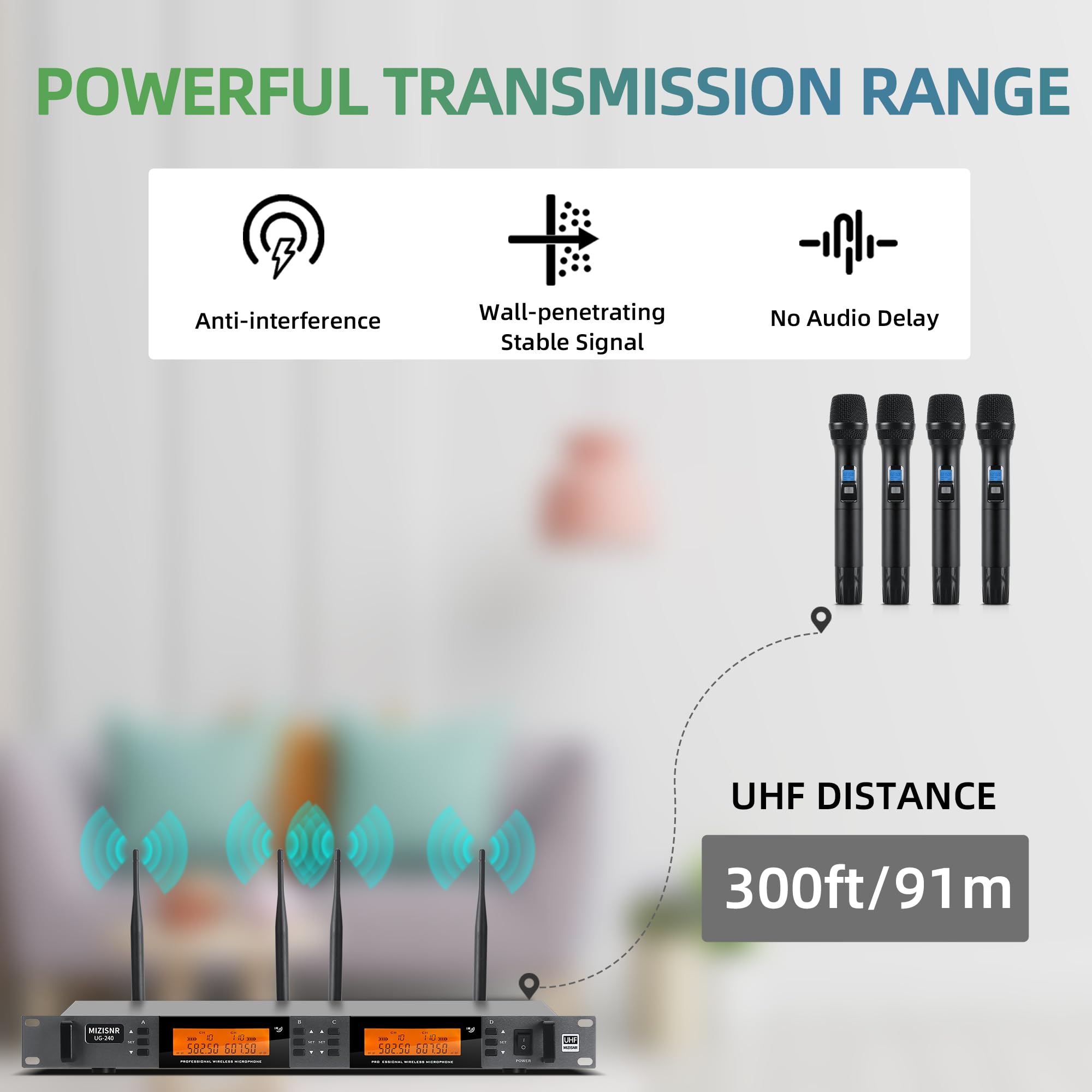 MIZISNR Wireless Microphone System 4 Channel, UHF Metal Cordless Handheld Mics Set - 200 Adjustable Frequencies, Auto Scan & Mem